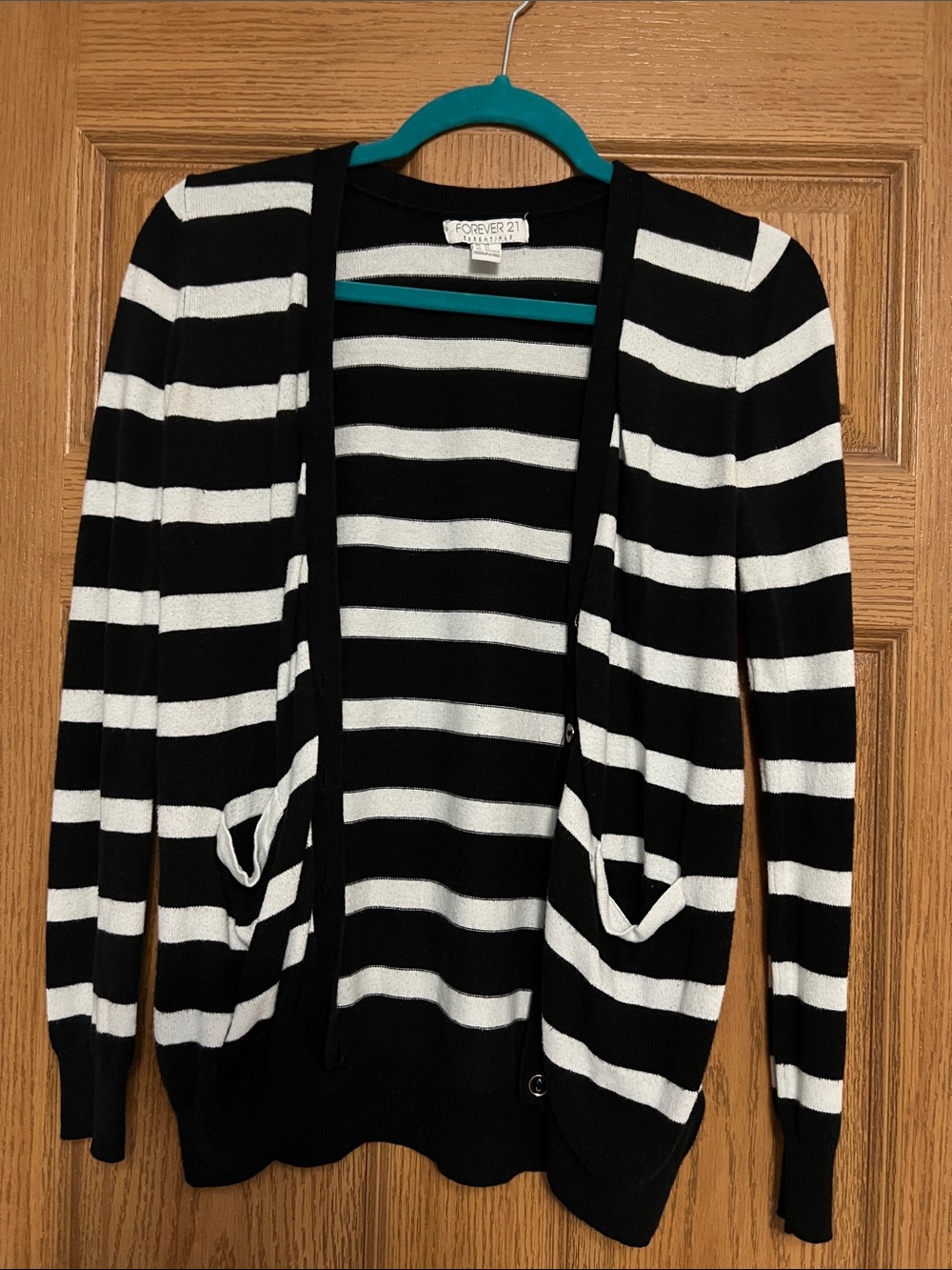 Forever 21 Black and White Striped Open-Front Cardigan with Pockets